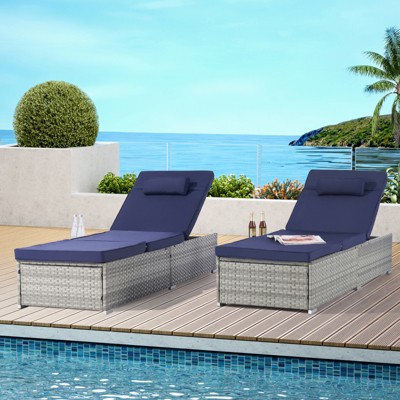 VisioGear Patio 2-Piece Chairs Tanning Lounges with Storage, Beach Recliners with Adjustable Backrest, Dark Blue & Gray, 77"*25"*14.8"