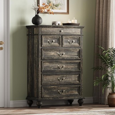 Jojoka Farmhouse Tall Dresser for Bedroom with 7 Drawers,50" Large Drawers with Jewelry Storage for Bedroom