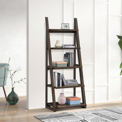TOAOTBNBO 5-Tier Leaning Ladder Bookcase, Industrial Standing Bookshelves Storage Organizer Narrow Wood Shelves for Living Room
