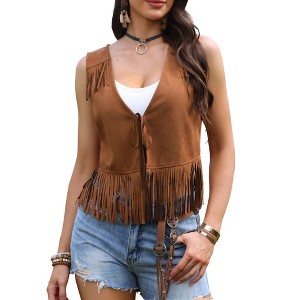 INSPIRE CHIC Women's V Neck Fringe Cowgirl Sleeveless Faux Tie-Up Front Suede Cropped Vest - 1 of 4