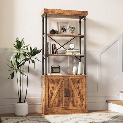 74 Inch Industrial Bookshelf, Freestanding Bookcase with Doors and 3 Open Shelves