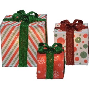 Candy Cane Lane 8/10/12 Inch Set Of Three Red Stripe, Dot, Snowflake With Red Or Green Bow Presents Outdoor Led Décor, Nested - 1 of 2