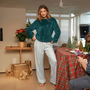Women's Green Fuzzy Knit Sweater & Striped Pants Pajama Set - Cupshe - 1 of 4