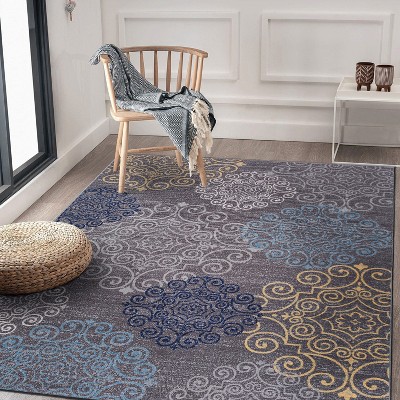 Gray and Blue Tufted Synthetic Rectangular Area Rug