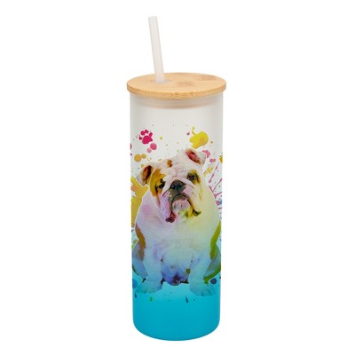 100 North 25 Ounce Frosted Glass Gradient Travel Tumbler With Straw & Wooden Lid, English Bulldog Paint Splatter Sky Blue