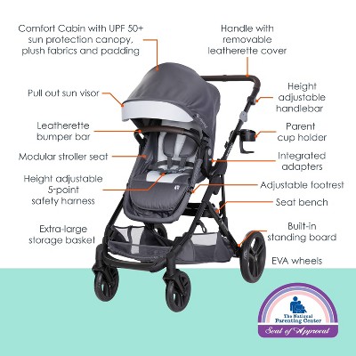 Dash Grey Modular Single to Double Stroller with Bassinet