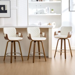 Bekrvio 26" Swivel Counter Stools with Back & Arms, Faux Leather Mid-Century Bar Stools for Kitchen Island, Walnut Frame, Set of 1/2/3/4 - 1 of 4