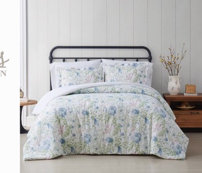 King Blue Cotton Floral Comforter Set with Shams