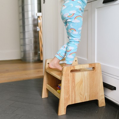 Natural Rubberwood Rolling Sit or Step Stool with Storage