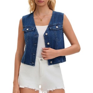INSPIRE CHIC Women's Denim V Neck Western Button Up Sleeveless Cropped Jean Waistcoat - 1 of 4