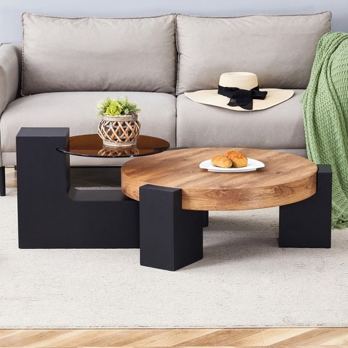 Lovmor Modern Simple Double-Layer Round Coffee Table -  Gray Glass Top with Black MDF L-Shaped Legs.The detachable design make the use of space - image 1 of 4