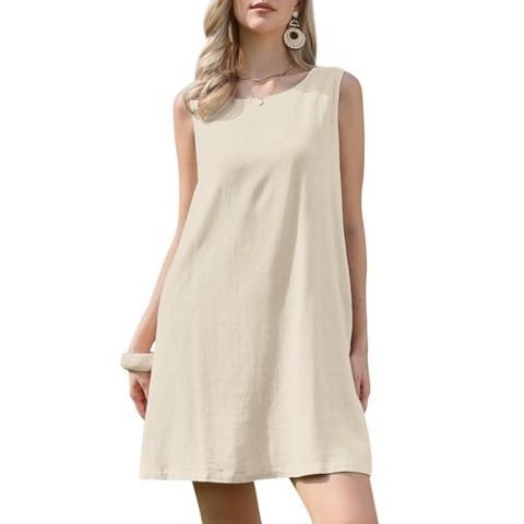Женские платья INSPIRE CHIC Women's Sleeveless Linen Summer Crew Neck Casual A-Line Mini Dresses Medium Beige