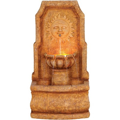 John Timberland Outdoor Wall Water Fountain with Light LED 37" High 2 Tiered Sun Face for Yard Garden Patio Deck Home