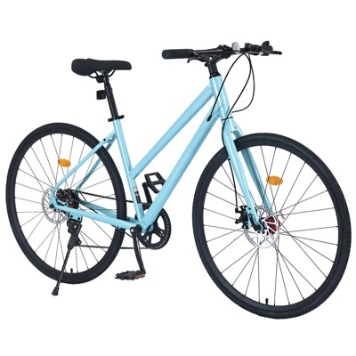 Beach Road Hybrid Bike, Front And Rear V Brakes 7 Speed Carbon Steel 700C Bike With Dual Disc Brakes Commuting Bikes Bicycle for Beach Road Cycling