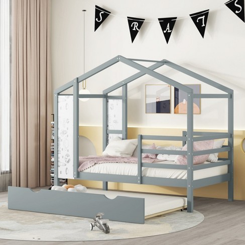 Twin Size Wood House Bed With Fence, Trundle And Writing Board, Gray 4a ...