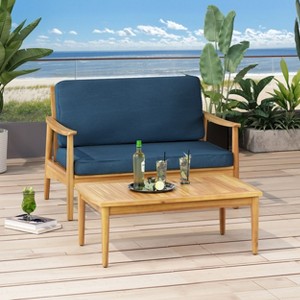 CAVINAS Outdoor Loveseat with Coffee Table, Acacia Wood Patio Table and Chairs Set, Modern Outdoor Sofa Set for Backyard - 1 of 4