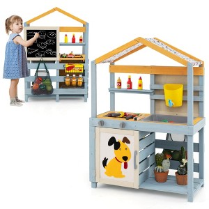 Costway 2 in 1 Wooden Mud Kitchen Outdoor Play Kitchen & Grocery Store with Sink - 1 of 4
