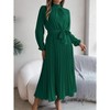 Women Pleated Dress Long Sleeve Stand Up Collar With Belt A-Line Flowing Dress - 3 of 4