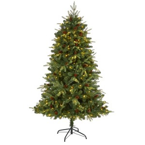 6ft. Spruce Look Artificial Christmas Tree with 300 Clear LED Lights and Pine Cones – Classic Holiday X-Mas Tree - 1 of 4
