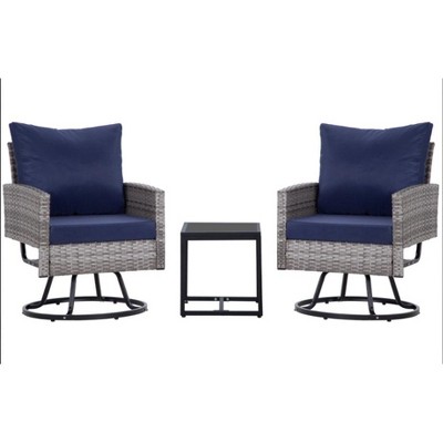 Anybear 3PC Grey Wicker Rattan Swivel Chairs with Coffee Table Outdoor Seating Set