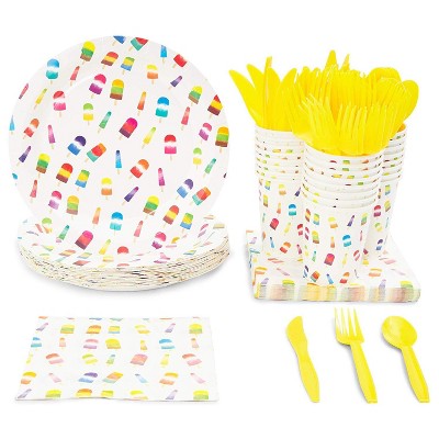 Juvale 144 Piece Serves 24 Popsicle Dinnerware Set Birthday Party Supplies - Paper Plates, Cups, Cutlery & Napkins