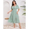 YESFASHION Womens Plus Size Square Neck Floral Print Summer Dress Ruffle Short Sleeve Tie Front Slit Hem Boho Maxi Dress - 3 of 4