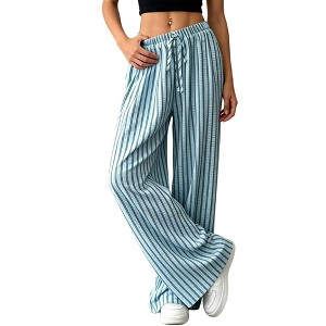 Women's High Waisted Wide Leg Pants, Lightweight Striped Palazzo Trousers with Drawstrin - 1 of 4