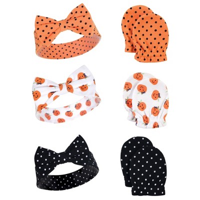 Hudson Baby Infant Girl Cotton Headband and Scratch Mitten 6pc Set, Halloween Dots, 0-6 Months