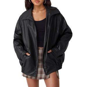 Coolmee Women's Faux Leather Jackets Oversized Motorcycle Bomber Coats Fall Fashion Outfits Loose Fit Long Sleeve Lapel Collar Clothes 2XL Black - 1 of 4