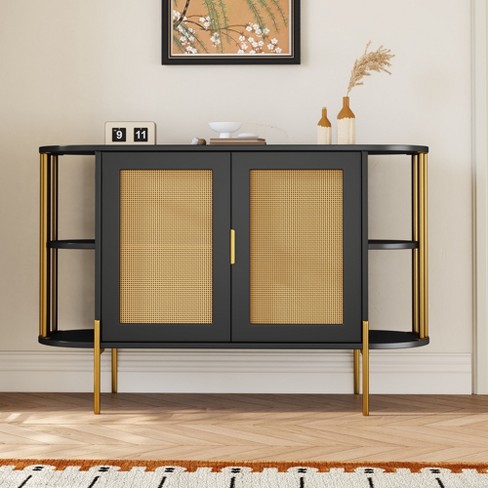 47.2"W 2-Door Elegant Curved Sideboard with Gold Trim and Woven Rattan Doors 4B - ModernLuxe - image 1 of 4