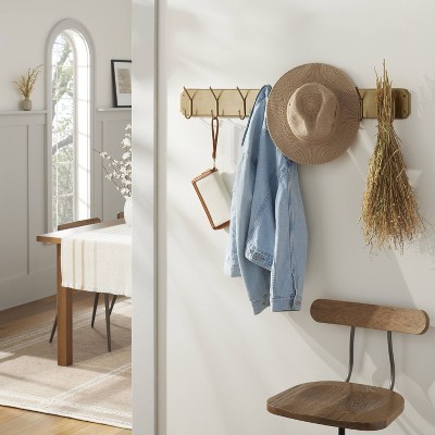 36" Lacquered Brass Metal Wall Hook Rack