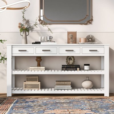 Console Table with 4 Drawers and 2 Shelves, Vintage Brown Entryway Table for Hallway, Living Room, Sofa Back or Foyer Storage-The Pop Home