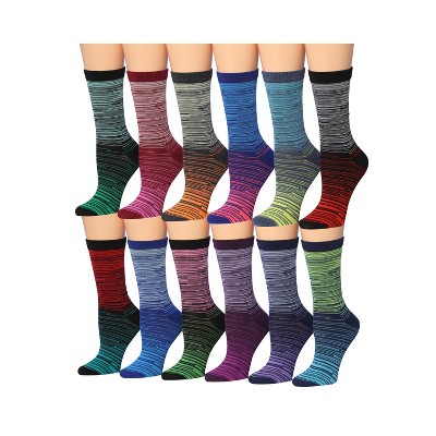 Tipi Toe Women's 12 Pairs Socks For Women Crew Lightweight Colorful Ombre Stripes & Ministripes Patterned Crew Socks