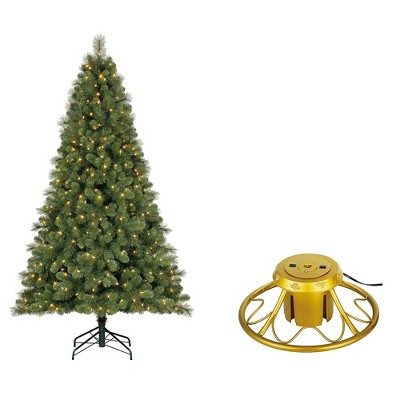 Home Heritage 7 Foot PreLit Artificial Cascade Pine Christmas Holiday Tree and Golden Metal Reliable Rotating Stand with On/Off Switch