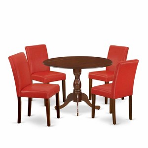 HomeStock 5-Pc Round Mahogany Finish Solid Wood Top Dining Table with 4 Upholstered Chairs with Drop Leaf - 1 of 4