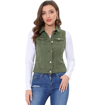 Allegra K Women's Buttoned Washed Denim Vest With Faux Chest Flap Pockets  Army Green X-large : Target