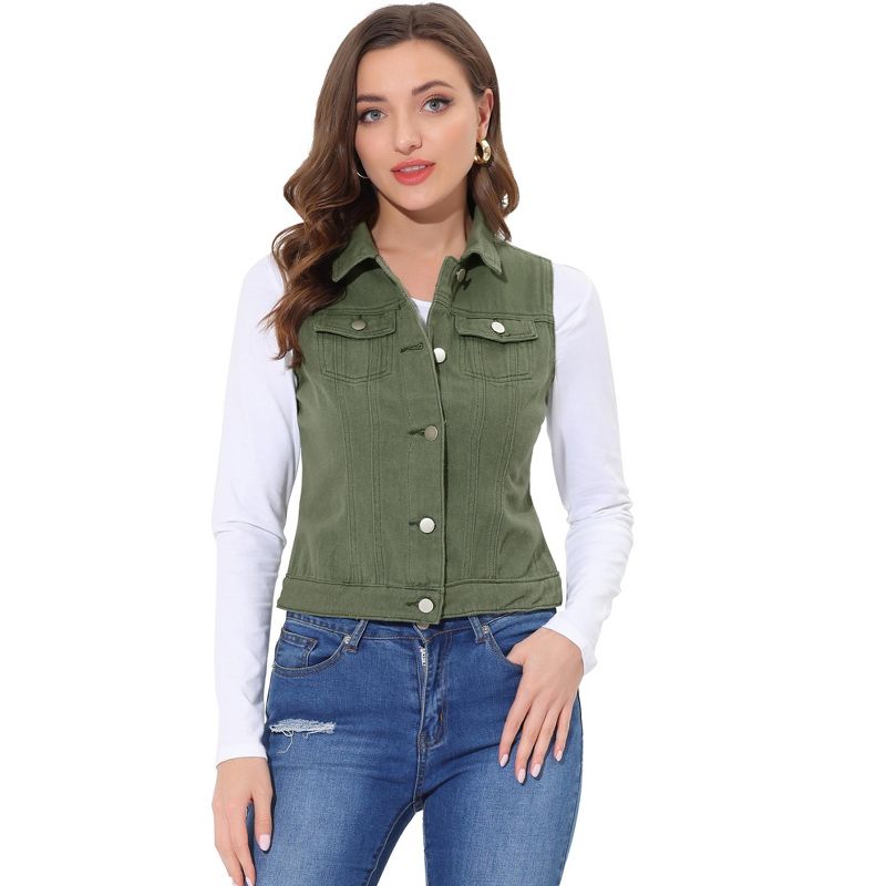 Allegra K Women's Buttoned Washed Denim Vest with Faux Chest Flap Pockets, 1 of 5