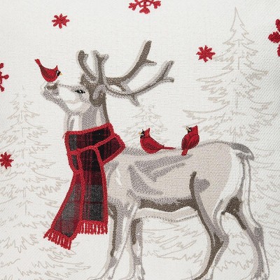 18" x 18" White and Red Embroidered Deer Christmas Pillow