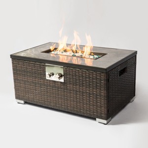 Gulches 32" Rectangular Propane Fire Pit Table - 50,000 BTU, Ceramic Tile Top & Brown Wicker Base, ETL Approved, Adjustable Flame - 1 of 4