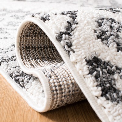 Ivory and Grey Diamond Pattern Shag Runner Rug with Tassels