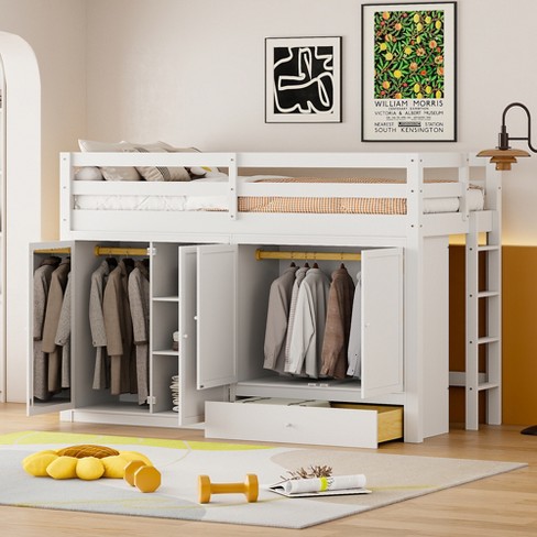 Twin Size Loft Bed With Drawer, 2 Wardrobes And Mirror, White 4w ...