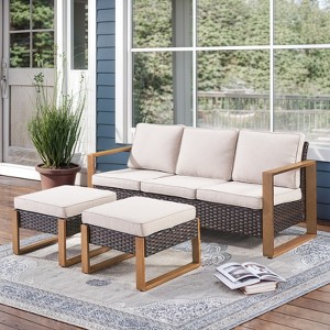 POCASSY 75" Wide Outdoor Sofa Outdoor Furniture Sets, All-Weather Brown Wicker Rattan Outdoor Couch with Ottomans and Cushions for Porch Balcony - 1 of 4