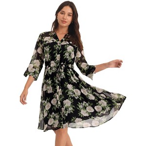 Hobemty Women's V-Neck 3/4 Sleeve Tie Waist Button-Down Floral Chiffon Dress - 1 of 4