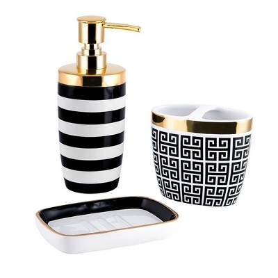 Black and White Striped Ceramic Lotion Pump with Gold Accents