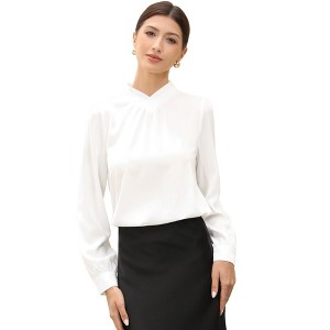 INSPIRE CHIC Women's Business Casual Pleated Stand Up Neck Puff Long Sleeve Office Blouses - 1 of 4