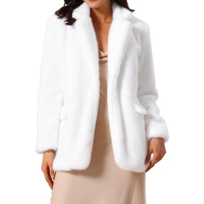 INSPIRE CHIC Women's Faux Fur Winter Open Front Notch Lapel Long Sleeve Fluffy One Button Coat