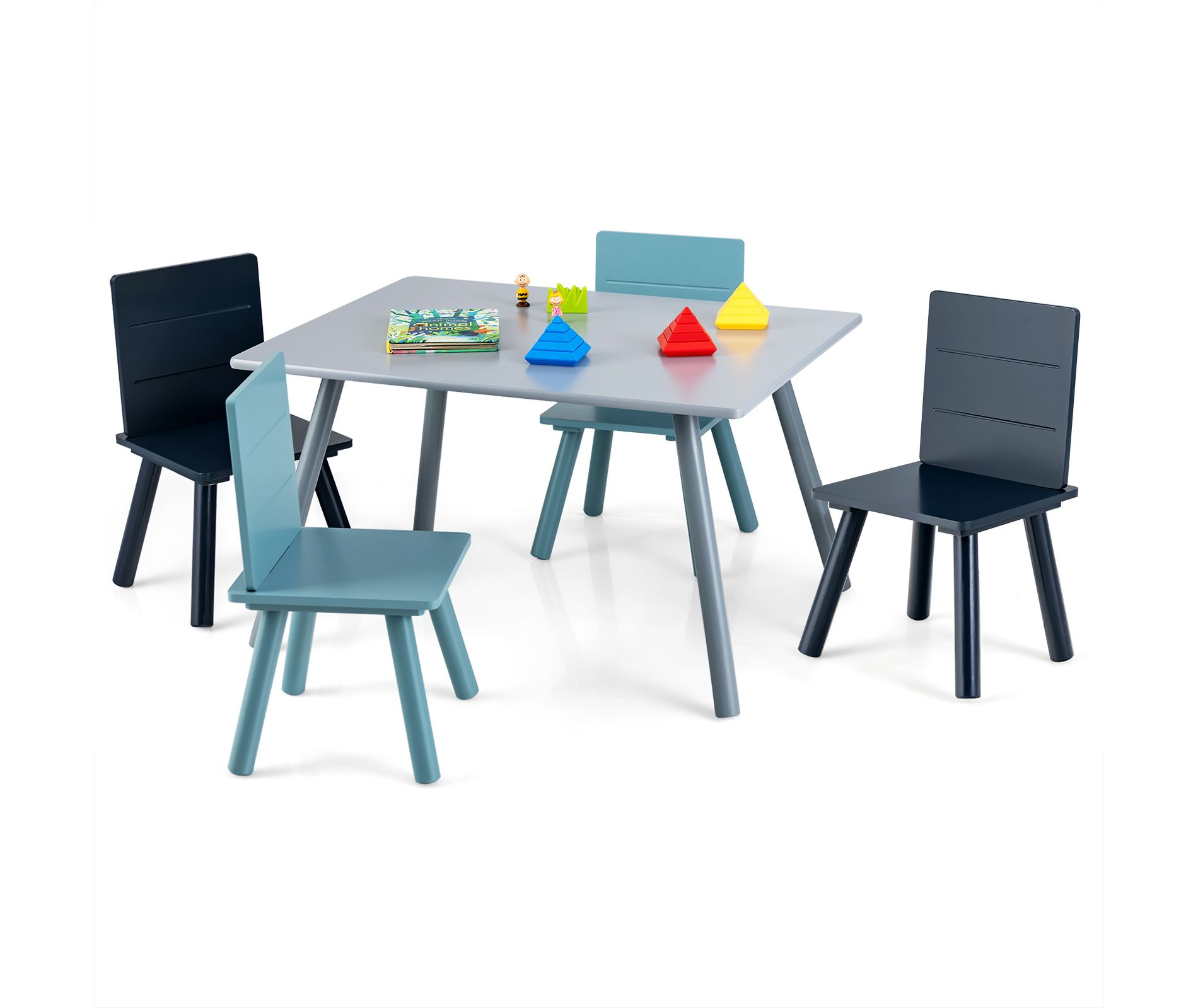 Costway 5 Piece Kids Wooden Activity Table and 4 Chairs Play Set Gift w/ Building Blocks