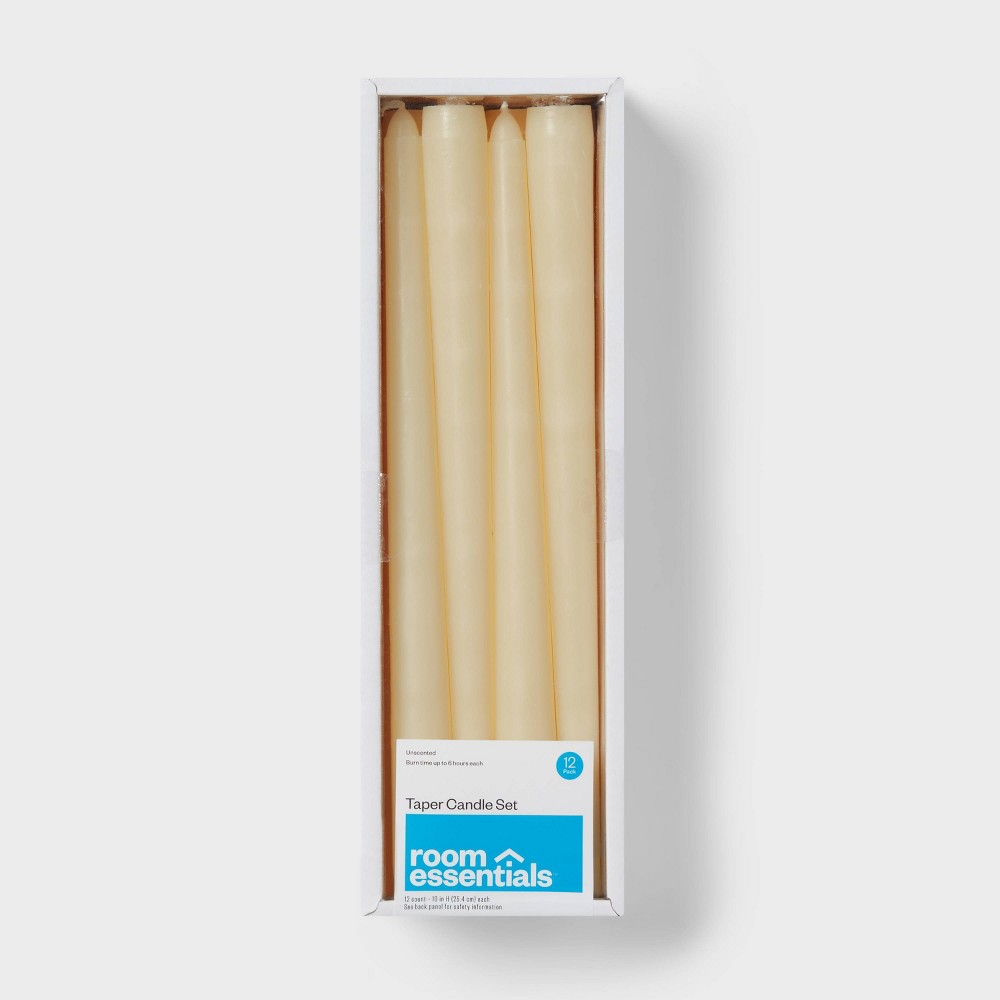 12pk Unscented Taper Candles Cream - Room Essentials™: Paraffin Wax, 10.6" Height, 6hr Burn Time