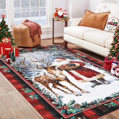 Christmas Area Rugs, Washable Non-Slip Reindeer Santa Plaid Carpet, Soft Low Pile Foldable Stain Resistant for Bedroom, Home