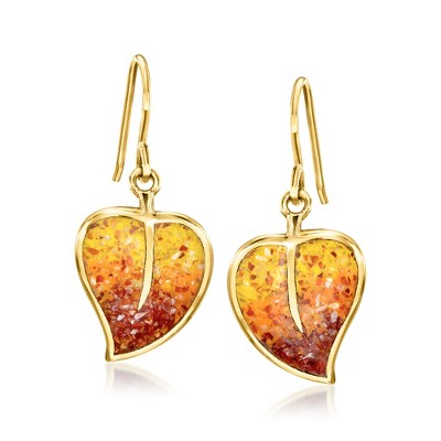 Ross-Simons Carnelian and Orange and White Shell Mosaic Leaf Drop Earrings in 18kt Gold Over Sterling